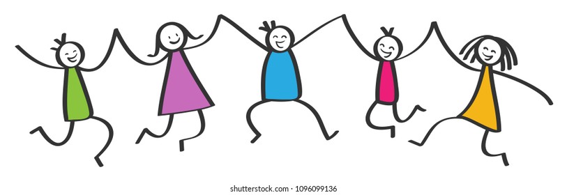 Simple stick figures, five happy colorful kids jumping, holding hands, smiling and laughing isolated on white background