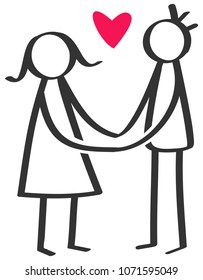 Simple stick figures happy couple, man, woman holding both hands red heart isolated on white background