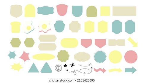 Simple sticker shapes in candy colors isolated on white backdrop. Big collection of shapes with straight and rounded corners. Retro labels and arrows. Infographic and social media usage.