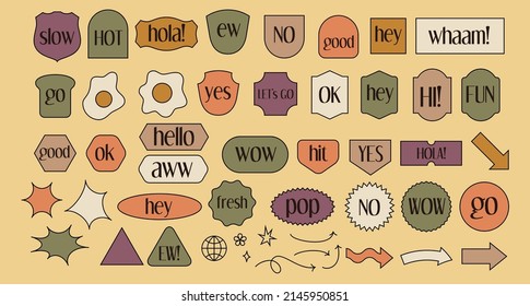 Simple sticker shapes isolated on beige backdrop. Big collection of shapes with straight and rounded corners. Retro labels and arrows. Infographic and social media usage.
