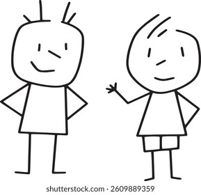 Simple stickman 2 people getting to know each other, happy colorful kids hands in the air and hips, isolated vector illustration on white background