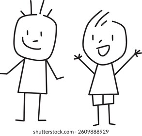 Simple stickman figures, friendship kids, happy colorful kids hands in the air, isolated vector on white background