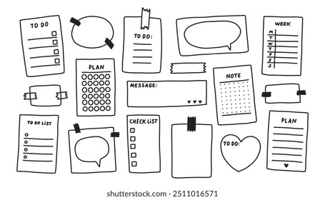 Conjunto de notas adesivas simples. Memorando. Folhas quadradas em branco de papel para notas. Vários adesivos de papel. Mão desenhada isolada