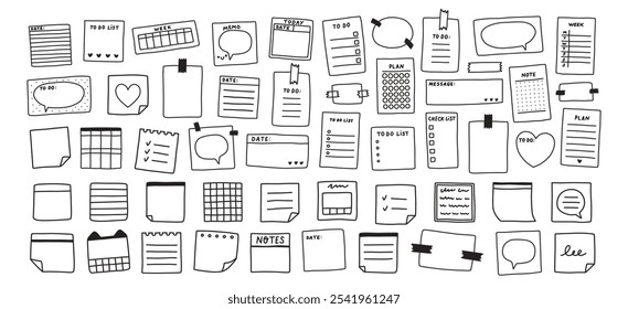 Simple sticky note set. Memo doodle. Blank square sheets of notepaper. A variety of paper stickers. Hand drawn isolated