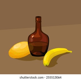 simple still life with bottle and a couple of fruits, vector illustration