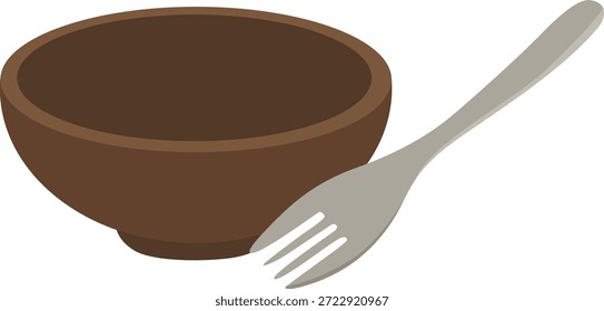 Simple still life of a brown ceramic bowl and a metal fork on a plain white background.