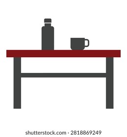 Simple still life of a table with a bottle and coffee cup on top