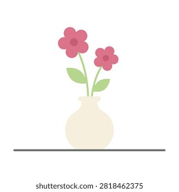 Simple still life of a vase with two pink flowers on a table, minimalistic decor