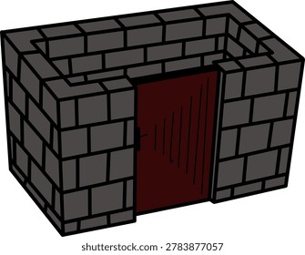 Simple stone house illustration with red wooden door and brick walls. Minimal cartoon building design for games, icons and graphics.