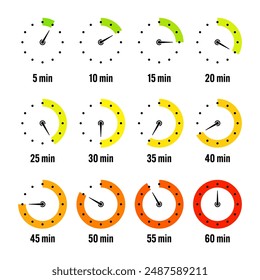 Simple stopwatch icons. Colorful chronometer, time counter with dial. Countdown timer showing hours and minutes. Deadline, measurement for sport. Cooking time label, sticker. Vector illustration