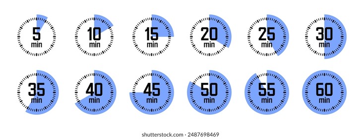 Einfache Stoppuhr-Symbole. Bunte Chronometer, Zeitzähler mit Zifferblatt. Countdown-Timer mit Stunden und Minuten. Deadline, Messung für Sport. Kochzeit-Etikett, Aufkleber. Vektorillustration