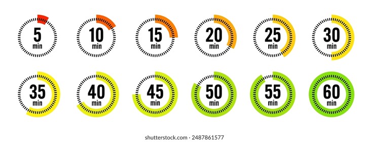 Simple stopwatch icons. Colorful chronometer, time counter with dial. Countdown timer showing hours and minutes. Deadline, measurement for sport. Cooking time label, sticker. Vector illustration.