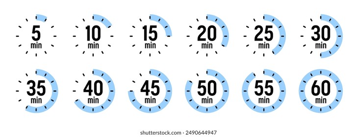 Simple stopwatch icons. Colorful chronometer, time counter with dial. Countdown timer showing hours and minutes. Deadline, measurement for sport. Cooking time label, sticker. Vector illustration