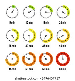Simple stopwatch icons. Colorful chronometer, time counter with dial. Countdown timer showing hours and minutes. Deadline, measurement for sport. Cooking time label, sticker. Vector illustration