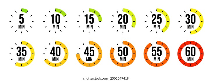 Iconos de cronómetro simples. Cronómetro colorido, contador de tiempo con dial. Temporizador de cuenta regresiva que muestra las horas y los minutos. Plazo, medición para el deporte. Etiqueta de tiempo de cocción, pegatina. Ilustración vectorial