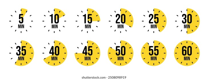 Simple stopwatch icons. Colorful chronometer, time counter with dial. Countdown timer showing hours and minutes. Deadline, measurement for sport. Cooking time label, sticker. Vector illustration