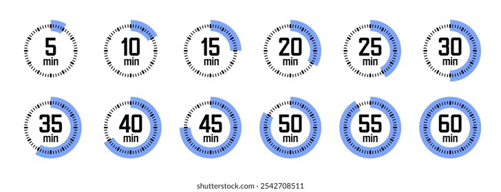 Ícones de cronômetro simples. Cronômetro colorido, contador de tempo com mostrador. Temporizador de contagem regressiva mostrando horas e minutos. Prazo, medição para o esporte. Rótulo de tempo de cozimento, adesivo. Ilustração vetorial