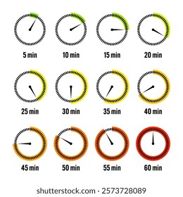 Simple stopwatch icons. Colorful chronometer, time counter with dial. Countdown timer showing hours and minutes. Deadline, measurement for sport. Cooking time label, sticker. Vector illustration