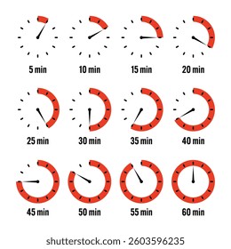 Simple stopwatch icons. Colorful chronometer, time counter with dial. Countdown timer showing hours and minutes. Deadline, measurement for sport. Cooking time label, sticker. Vector illustration