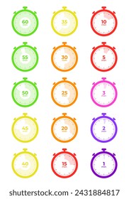 Simple stopwatch icons from hour to 1 minute in different colors. Modern stopwatch with indication.