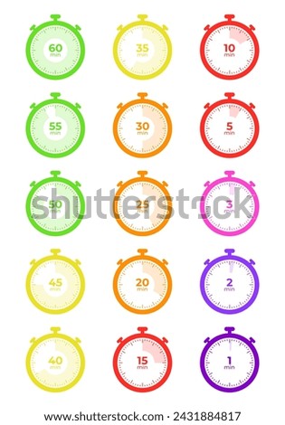 Simple stopwatch icons from hour to 1 minute in different colors. Modern stopwatch with indication.