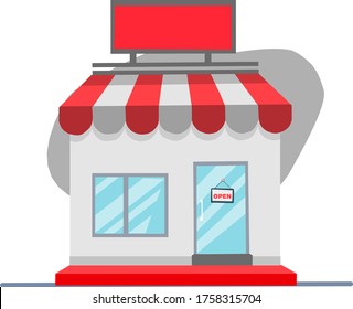 Simple store facade building with copy space board and open text