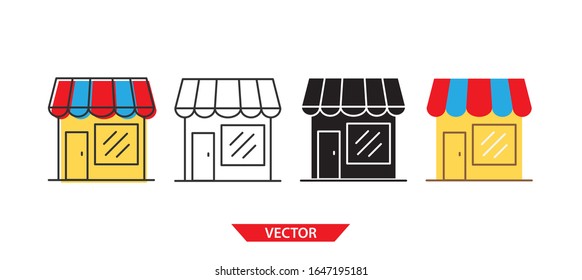 Simple store icon on white background 4 types such as outline, black, color, outline and color. Vector illustration.