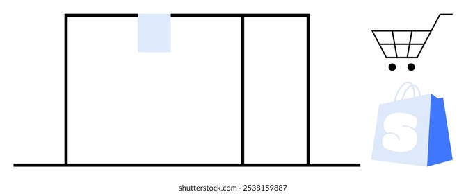 Simple storefront with clear door, cart with wheels and a blue shopping bag to the side. Ideal for online shopping, retail business, e-commerce, minimalistic marketing and user interfaces