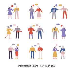 Simple straight shape characters. Set of people talking to each other. flat design style minimal vector illustration.