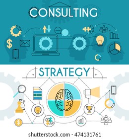 Simple strategy and consulting design concepts for web, user interface, banners, apps. Simple solution for flat and line objects for business plan, advertising, online marketing.