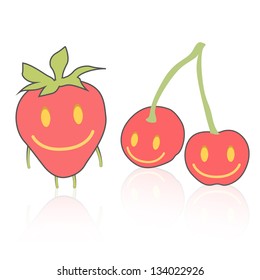 Simple strawberry and cherry on white background.