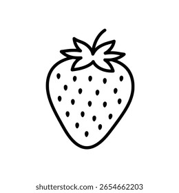 Fruta de fresa simple en un estilo de arte de línea limpia con semillas. Un icono de contorno minimalista para postres de verano o marca de alimentos saludables.