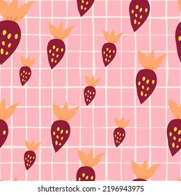 Simple strawberry seamless pattern. Hand drawn strawberries wallpaper. Fruits backdrop. Design for fabric, textile print, wrapping paper, kitchen textiles, cover. Vector illustration