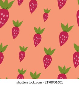 Simple strawberry seamless pattern. Hand drawn strawberries wallpaper. Fruits backdrop. Design for fabric, textile print, wrapping paper, kitchen textiles, cover. Vector illustration