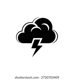 A simple and striking graphic design featuring a black cloud with a lightning bolt on a white background, conveying a sense of stormy weather and intensity.