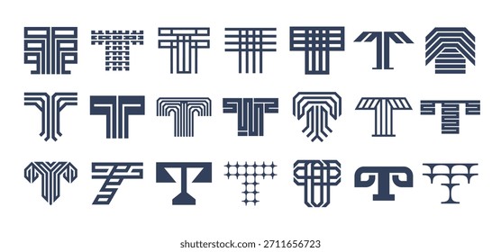 Conjunto de logotipo de letra T abstracta de línea de rayas simples