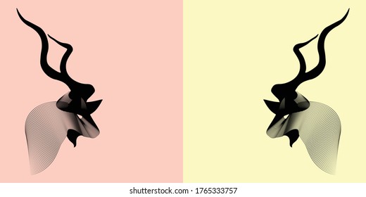 Simple striped antilopes, rams, billies, or bucks illustration vector. Horned wild animal heads with red yellow background.