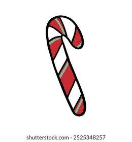 Simple striped candy cane, perfect for Christmas designs, holiday cards, doodle style