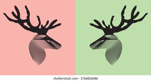 Simple striped deer, elk or moose illustration vector. Horned wild animal head with green background.