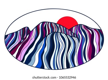 simple striped picture of mountains made of blue violet and pink lines with sunset or sunrise on the white background in ellipse