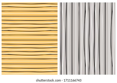 Simple Striped Seamless Vector Patterns. White and Black Hand Drawn Brush Lines Isolated on a Pastel Yellow and Light Gray Background. Irregular Geometric Repeatable Print. 