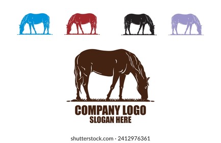 SIMPLE STRONG HORSE EATING GRASS LOGO, silhouette of great mare standing at ranch vector illustrations