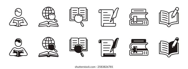 simple study knowledge research icon line set education journal literature cognition learning read book library signs vector outline illustration for web and app