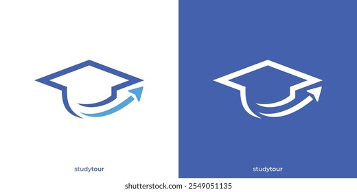 Logotipo de Simple Study Tour. Sombrero de graduación y avión o Jet Arrow Icon Graphic. Logotipo del recorrido de la Educación, icono, símbolo, Vector, Plantilla del diseño.