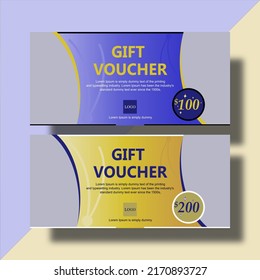 a simple and stunning gift voucher template, a combination of gold and blue and gray, the written price is 100-200 dollars