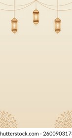 Simple Stunning Soft Beige Islamic Art Blank Vertical Background Design Featuring Gold Lanterns and Mandala Patterns