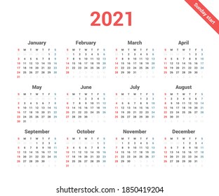 Simple style 2021 Calendar with week starting on Sunday.