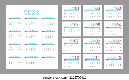 simple style 2023 english monthly business calendar template, in blue and red colors, day starts on sunday