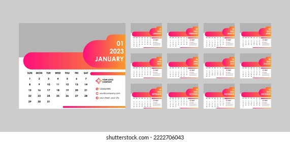 simple style 2023 english monthly business calendar template, with orange and red colors, with picture holder, day starts on sunday