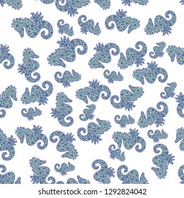 In simple style. Cute girly seamless pattern drawn by hand. Suitable for fabric, packaging. Vector. Watercolor. Picture. Seahorse isolated on blue, white and neutral background. Clip Art. Illustration
